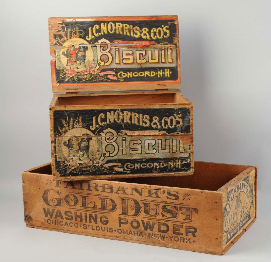 Lot of 2: Wooden Crates.: Includes a J.C. Norris Biscuit wood crate. Nice overall appearance. Solid condition. Modest age wear on top of lid. Label inside of lid and on front of crate is very presentable with modest amounts of