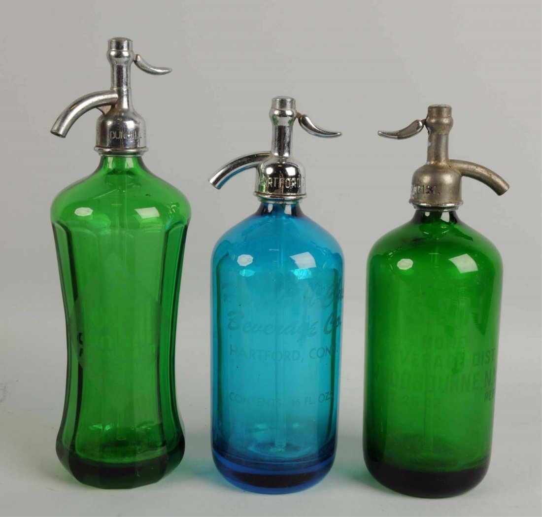 Lot of 3: Glass Seltzer Bottles.: Includes Hartford Club, Dunhill and S&H. Condition (Excellent). Size Largest: 12 - 1/2" T.