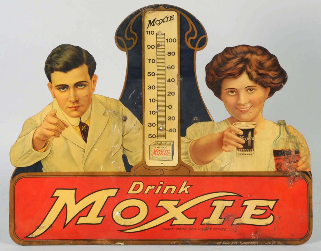 1910-1915 Moxie Tin Cutout Thermometer.: Displays well, even with numerous issues. Piece is missing the tube, has bends, scratches, medium wear, paint chips and a touch-up. Retains its original rear metal easel. Condition (Good - Very Good).