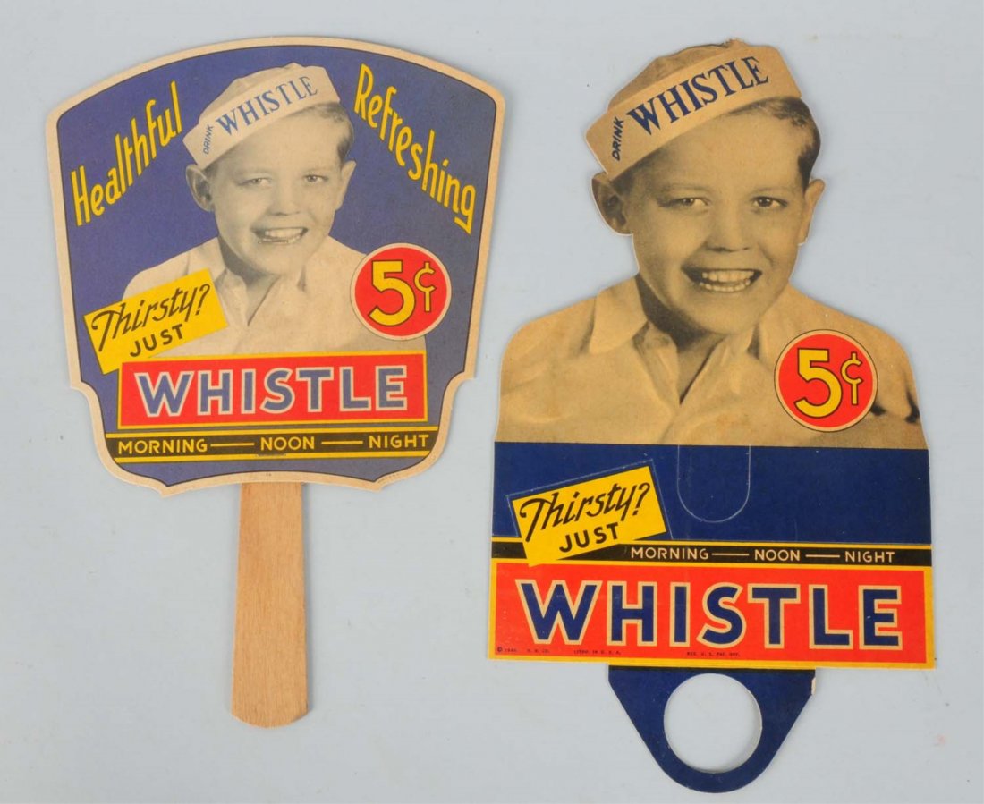Whistle Fan and Bottle Topper.: 1940 with boy featured and little wear on either! Condition (Near Mint). Size Largest: 12 - 1/4" T.