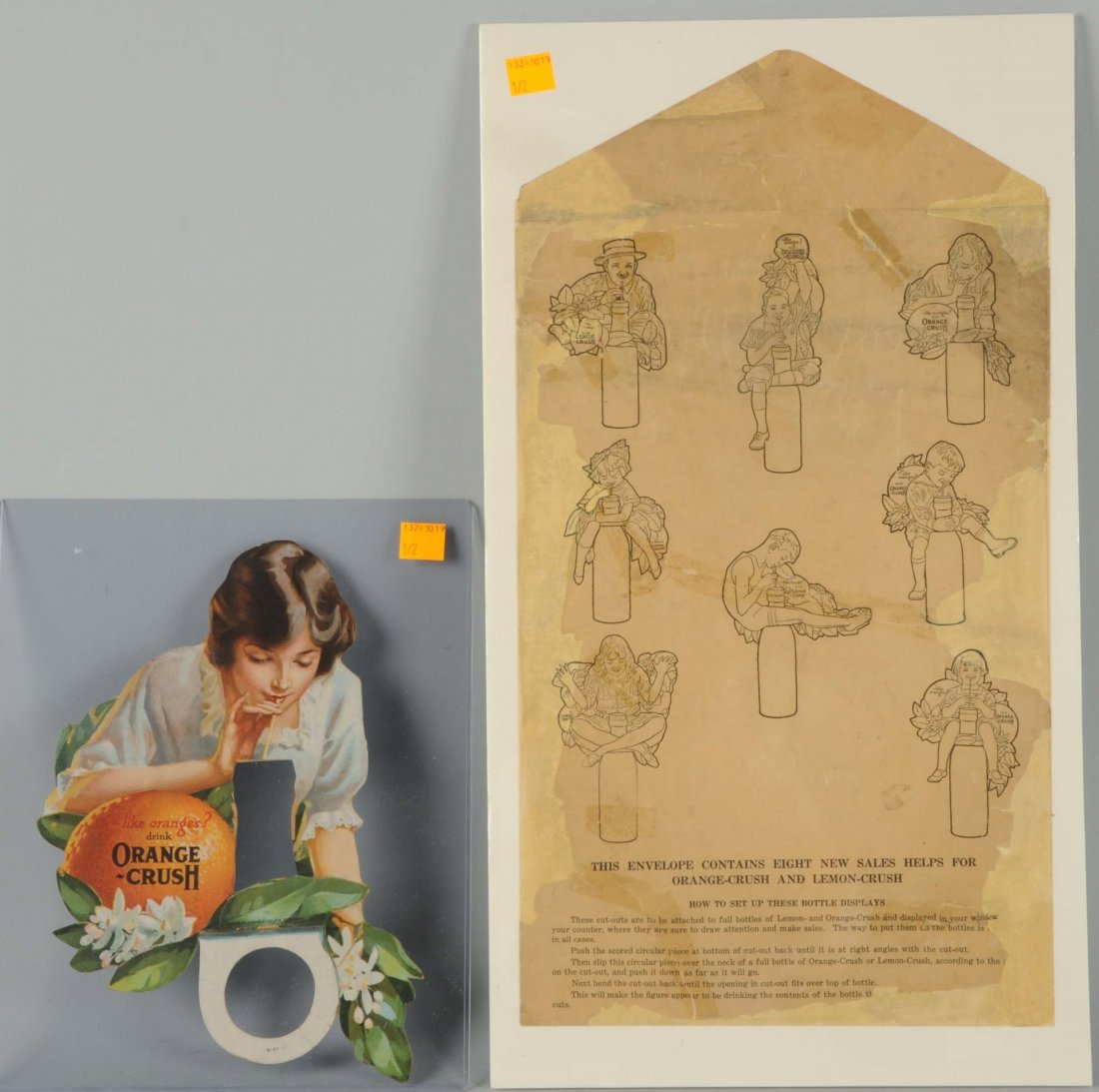 1920s Cutout Orange Crush Bottle Topper.: Complete with an envelope cover that once held this and seven other bottle displays. Instructions and paper infill on that. The topper is beautiful, with three old bend or tear lines with well-done co