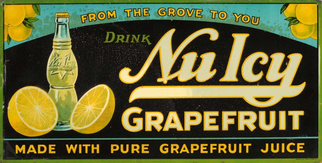 1930s-40s Nu Icy Embossed Tin Sign.: Shallow dents, light uniform pitting and mild stains. Condition (Very Good). Size 23 - 1/2" x 11 - 3/4".