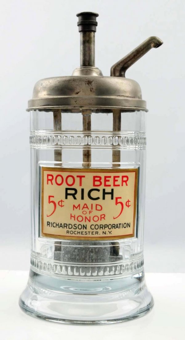 Richardson Root Beer Glass Syrup Dispenser.: Embossed. With original pump marked Maid of Honor and celluloid or similar material label in inset. A label corner is just slightly lifted and can be easily adjusted. Nearly no wear. Condition (Near M