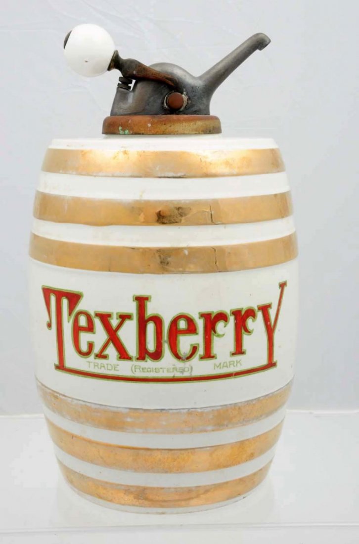 Texberry Barrel Syrup Dispenser.: Complemented by an old ball pump, this piece has moderate gold wear and rubbing, but little wear anywhere else. Condition (Excellent).