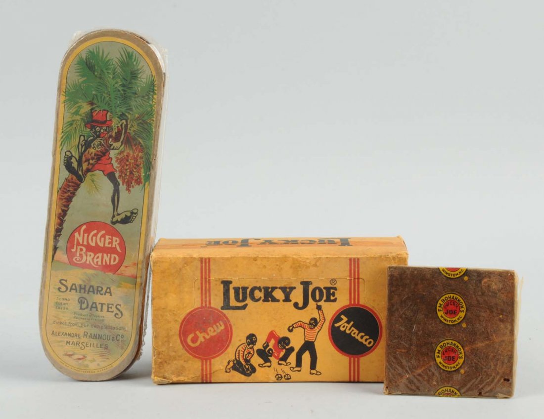 Lot of 2: Black Americana Advertising Items.: Includes a Sahara Dates Brand box. 1910-20 oval box from France with color graphics and light wear only. Unusual find! Also includes Lucky Joe chew tobacco and box. Nearly full with just one piece mis
