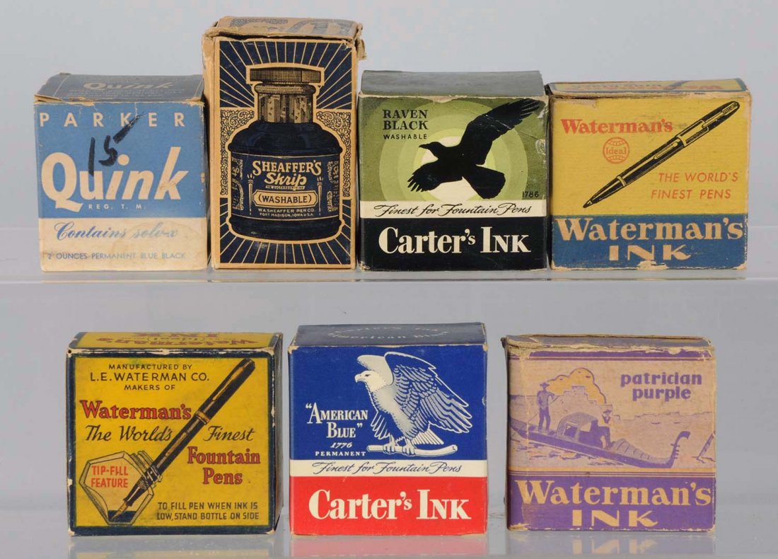 Lot of 7: Ink Bottles.: Two ounces ink bottles in original boxes (some still contain ink): Parker Quink, Carter's American Blue, Waterman's, Sheaffer's Skript, Waterman's Ideal permanent Blue Black, Waterman's Patrician Purp