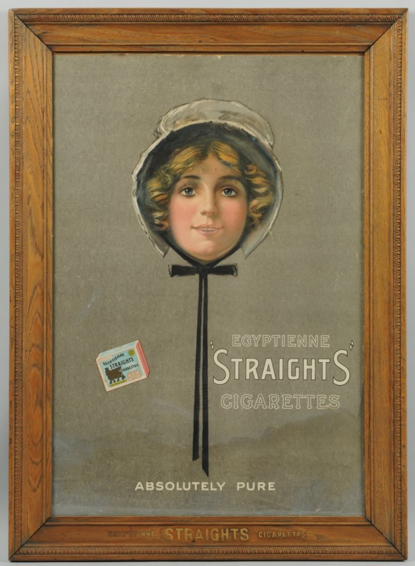 Egyptienne Cigarettes Sign in Orig. Marked Frame.: Light water staining in the bottom one foot of the sign, with small spot and area touch-up, primarily in the bottom edge and in her hair. Condition (Good - Very Good). Size Framed: 36" x 26".