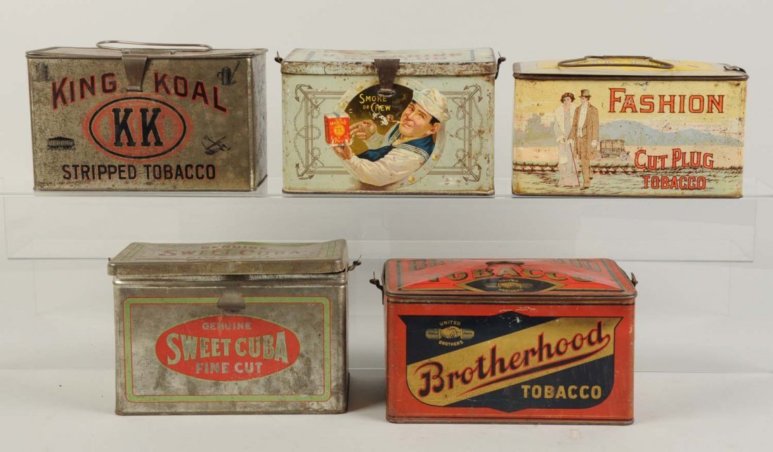 Lot of 5: Tobacco Lunch Pail Tins.: Includes, King Koal, U.S. Marine, Sweet Cuba, Fashion and Brotherhood. Most with minimal wear only. Condition (Good - Excellent). Size Largest: 8" L.