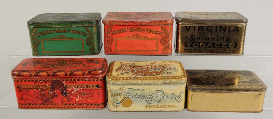 Lot of 6: Tobacco Tins.: Includes Virginia, Royal and others. With little wear. Condition (Good - Excellent). Size Largest: 6 - 3/4" L.