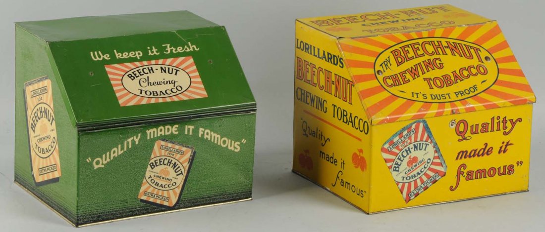Lot of 2: Beech Nut Tobacco Tins.: Includes a yellow version and a green version. Yellow has some light surface wear. Green version a few light surface dents and a slight separation to right corner on top. Condition (Very Good - Excell