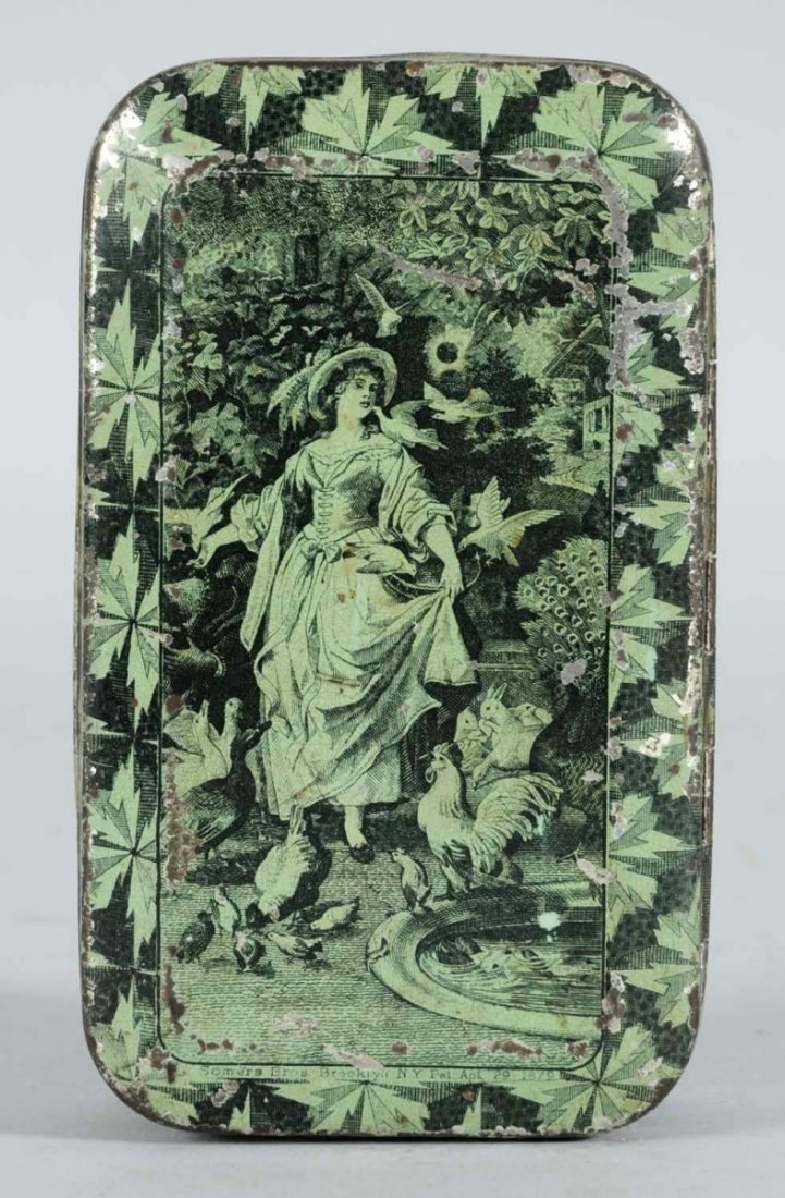 St. Francis Perique Tobacco Tin.: Top pictures victorian woman with rooster and birds. Overall design on top and sides. Bottom has complete full information label. Vintage Somer Bros., Brooklyn mfg. Rare. Condition (Fine). Size 4 - 1/