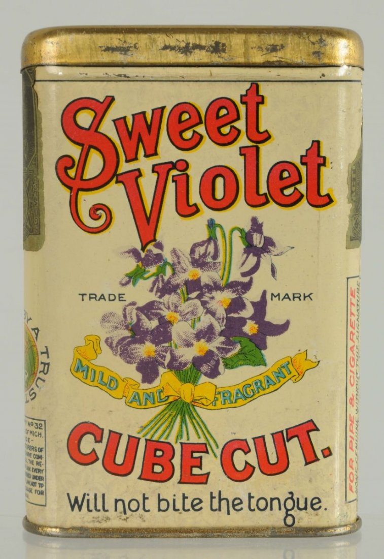 Sweet Violet Vertical Pocket Tobacco Tin.: By the Globe Tobacco Co. May be best example known. Stunning color and detail. (Excellent Plus). Condition (Excellent). Size 4 - 1/2" T.