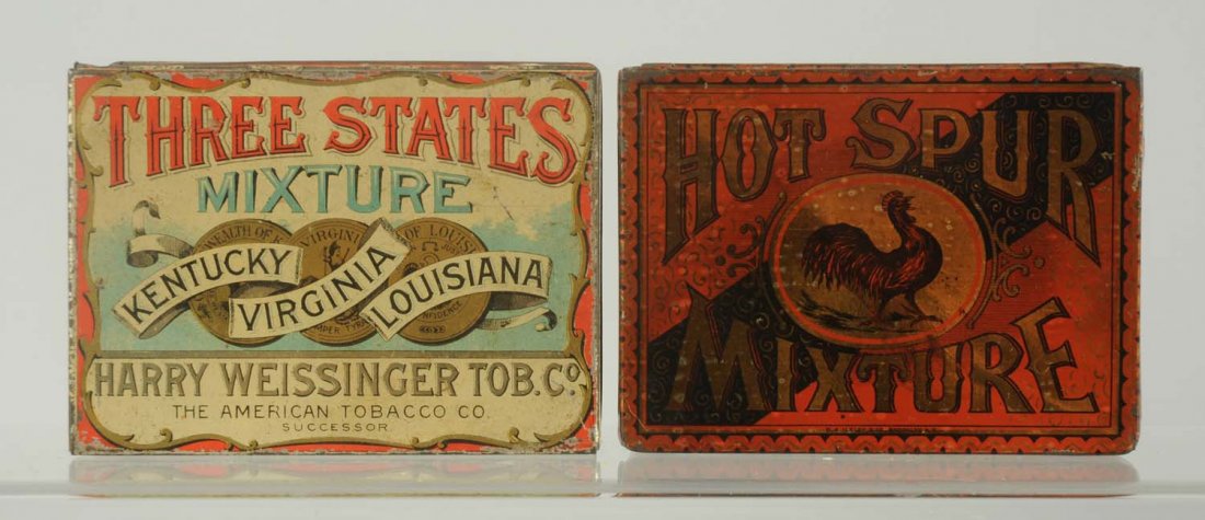 Lot of 2: Square Corner Tobacco Tins.: Includes Three States Mixture and Hot Spur mixture. Nice pair of tins in solid displayable condition. Minimal amounts of wear. Condition (Excellent). Size Each: 4 - 1/2" L.