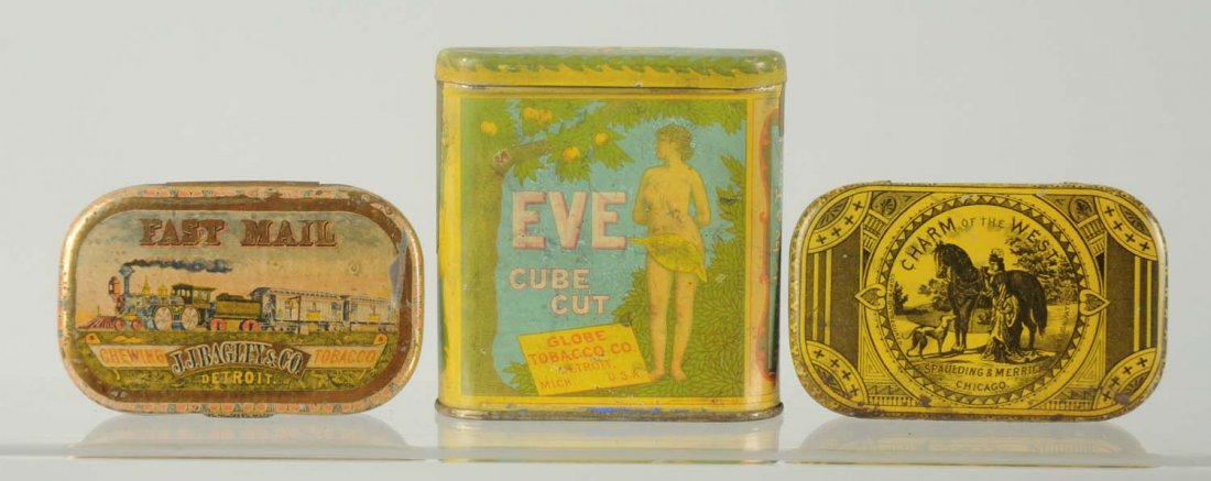 Lot of 3: Tobacco Tins.: Includes a flat pocket Charm of the West by Spalding and Merritt Co. Great example. Very little overall wear. Some light oxidation to the front edge nothing too serious. A Fast Mail flat pocket by Joh