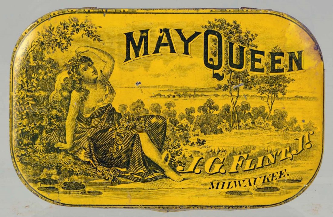 May Queen Flat Pocket Tobacco Tin.: Pre-1900. Scarce variation front on type and background art. J.G. Flint, Milwaukee. Yellow with black May Queen on front and back with flower design. Condition (Good - Excellent). Size 3 - 3/4" L.