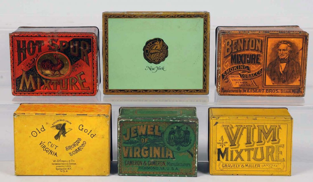 Lot of 6: Square Corner Tobacco Tins.: Four of six are pre-1900; Vim Mixture, Hot Spur Mixture, Benton Mixture, Old Gold Cut Virginia Tobacco, Batt Brothers. Condition (Excellent - Fine). Size Largest: 5 - 1/2" L.