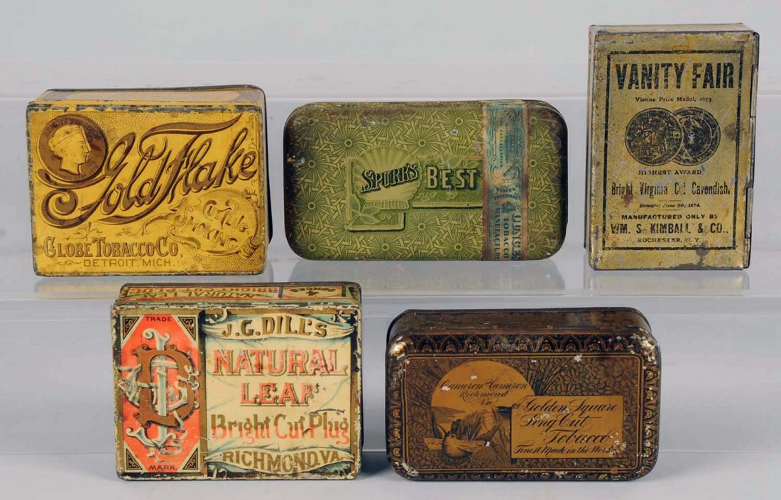 Lot of 5: Square/Round Corner Tobacco Tins.: Gold Flake cut plug, Golden Square Long cut plug, Jewel of Virginia, vertical Vanity Fair, and Spurr's Best (nice tax stamp). All tins are pre-1900. Condition (Fair - Good). Size Largest: 5 - 1/2" L.