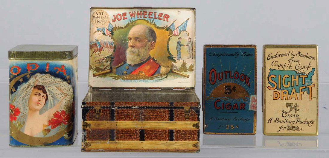 Lot of 4: Cigar Tins.: Joe Wheeler (paper label) square corner truck design tin, Sight Draft 5¢ and Outlook 5¢ Cigars, and Opia upright square tin. Condition (Good). Size Largest: 6 - 1/2" L.