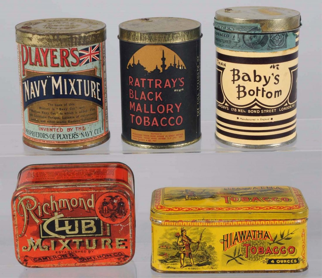 Lot of 5: Tobacco Tins.: Hiawatha Granulated Mixtures, Richmond Club (small with bottom tab), English (paper label) Baby's Bottom Mixture, Rattray's Black Mallory Mixture, Player's Navy Cut. Condition (Very Good - Excellent P