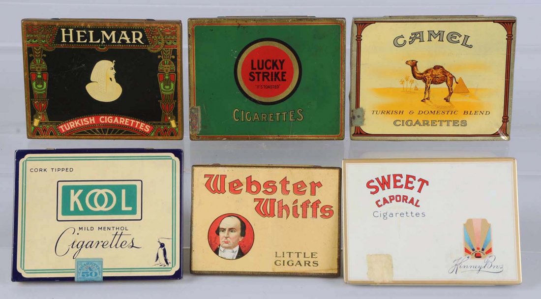Lot of 6: Flat Fifties Cigarettes/Cigars Tins.: Lucky Strike, Kool, Sweet Caporal and Camel, Helmar Cigarettes, and Webster Whiffs Little Cigars. Condition (Very Good - Excellent Plus). Size Largest: 5 - 1/2" L.