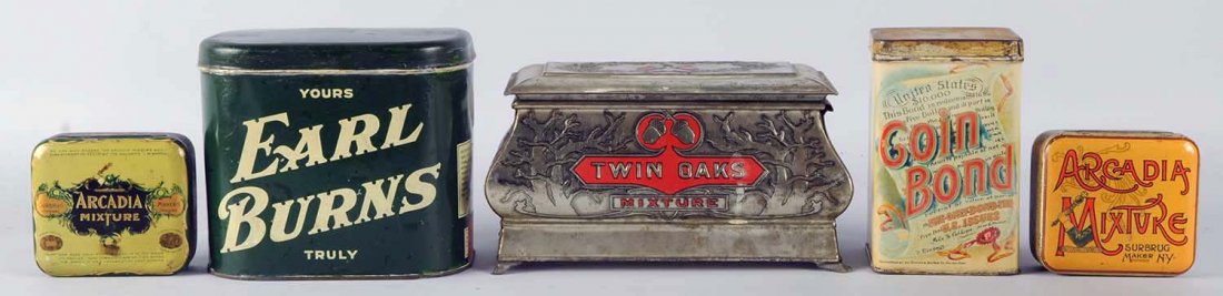 Lot of 5: Cigar Tobacco Mixtures.: Gold Bond Cigars, Arcadia Mixtures (two different tins), Early Burns Cigars, and Twin Oaks Casket Mixture. Condition (Very Good - Excellent Plus). Size Largest: 8 - 1/2" L.