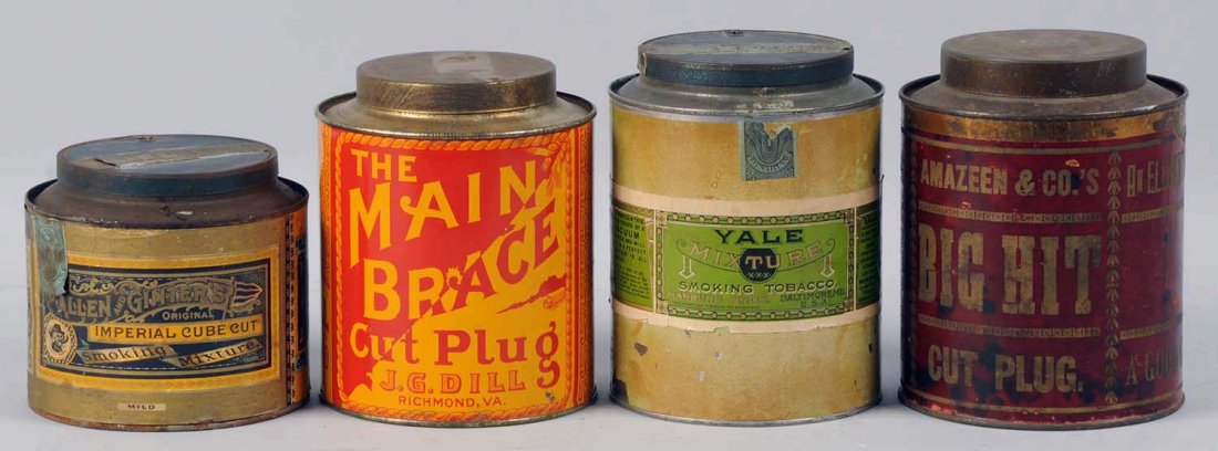 Lot of 4: Small Top Cut Plug Tobacco Tins.: Turn-of-the-century tins. Yale Mixture (paper label/1910 tax stamp), Allen and Ginter Imperial Cube Cut (paper label/1910 tax stamp), Amazeen & Co. cut plug (paper label), and Main Brace Cut Plug. Con