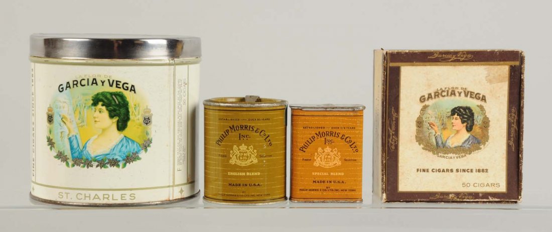 Lot of 3: Tins & Cigar Box.: Condition (Excellent). Size Largest: 5 - 1/4" T.