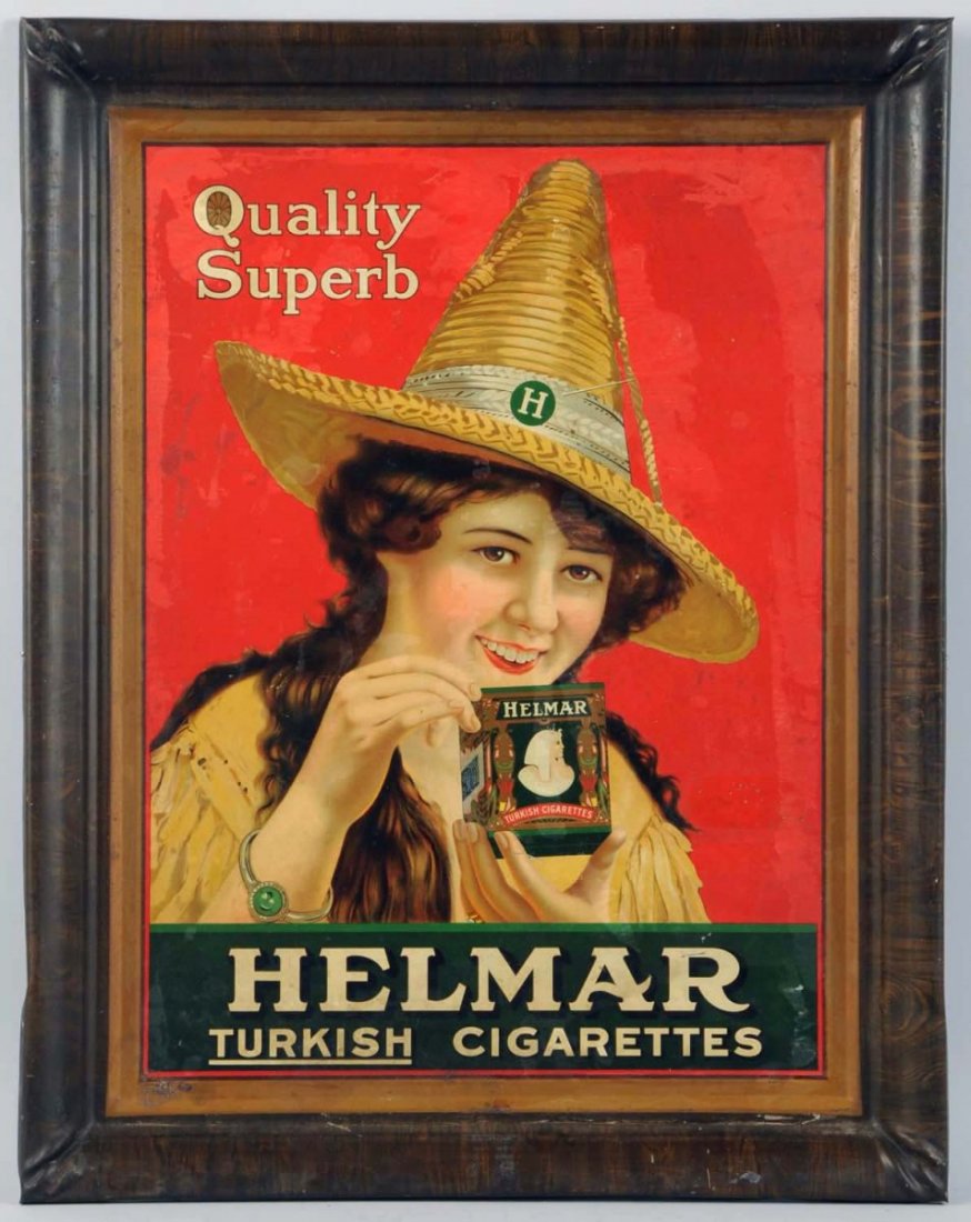 Helmar Cigarettes Self-Framed Tin Sign.: 1900 to 1910. Mild surface stains and color shading along with gloss differences. A few small marks, light wear, and small spots of light rust in the lower border region. Condition (Very Good). Size 2