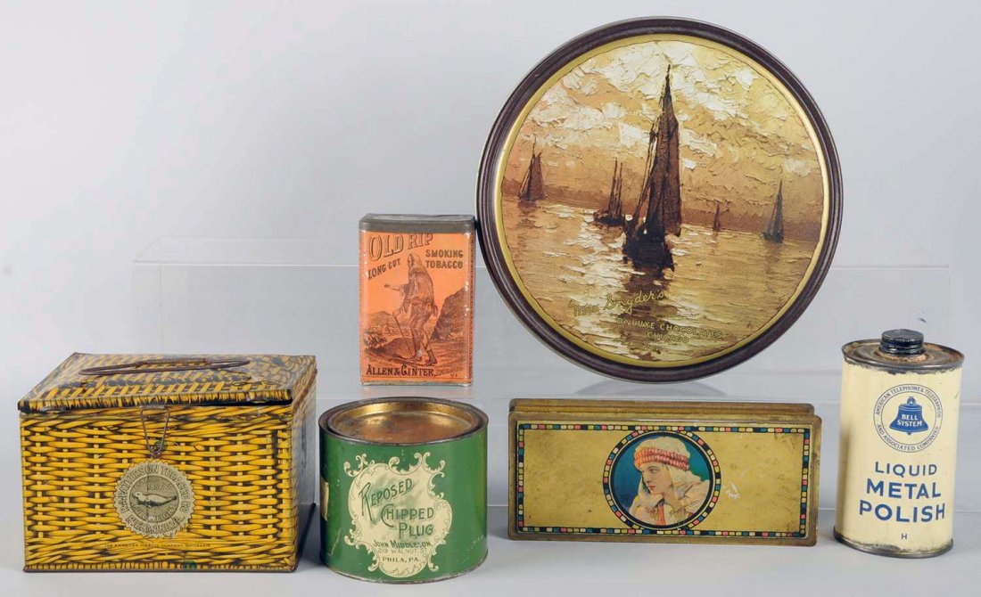 Lot of 6: Tobacco, Can, Polish Tins.: Bell Liquid Metal Polish, Reposed Chipped Plug Tobacco, Old Rip, Seal Cut Plug tin lunch box (wicker design with latch and handle), Arabian Beauty Box, and pie shaped tin pictured sailboats. Condition