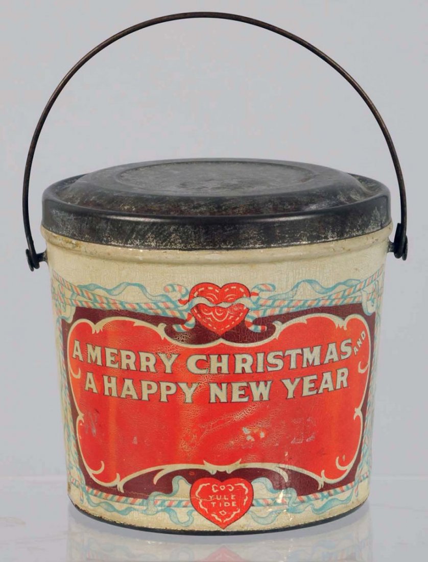 Christmas Peanut Butter Pail with Bail Handle.: Pre-1900. Depicts children sledding in a Christmas scene. Condition (Excellent Plus). Size 3 - 1/4" T.