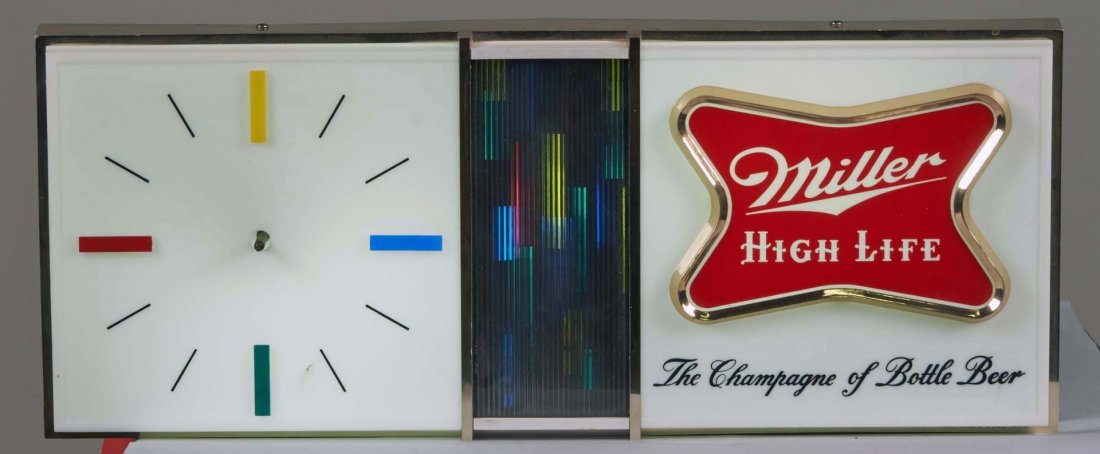 Miller High Life Plastic Light-Up Ad Wall Clock: w/ Colorful hour markings, Circa late 1950s, Works Condition Excellent Size 25" x 10" x 5"