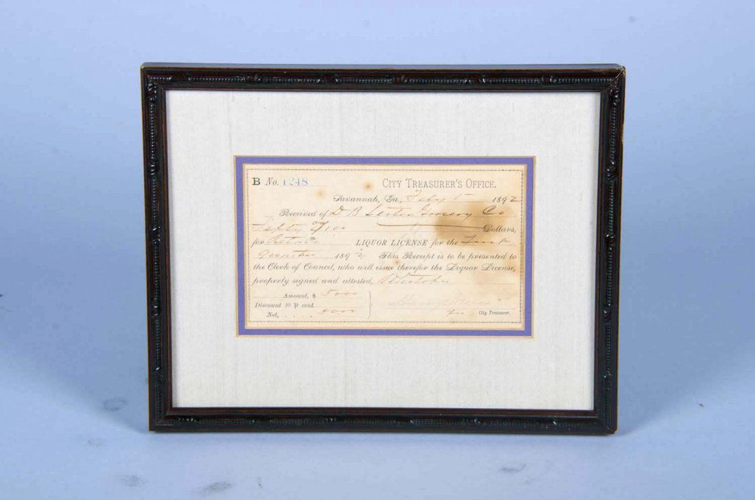 Lot Of 4: Antique Liquor Licenses In Frames: Including 1 - Hotel & Restaurant Bartenders International Union Labor House hanging sign c1891 (11" x 6"), 1 - blank Savannah, GA No. 344 liquor license c1892 (14" x 16"), 1 - completed liquor license