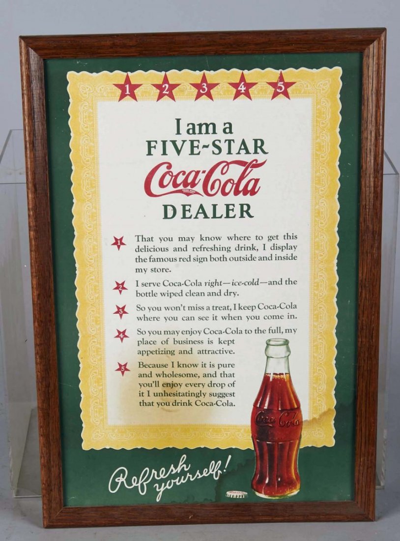 Coca Cola Dealer Cardboard Advertising Sign: In Frame circa 1930s, "I Am A Five Star Coca-Cola Dealer". Condition (Very good). Size 13" x 19"