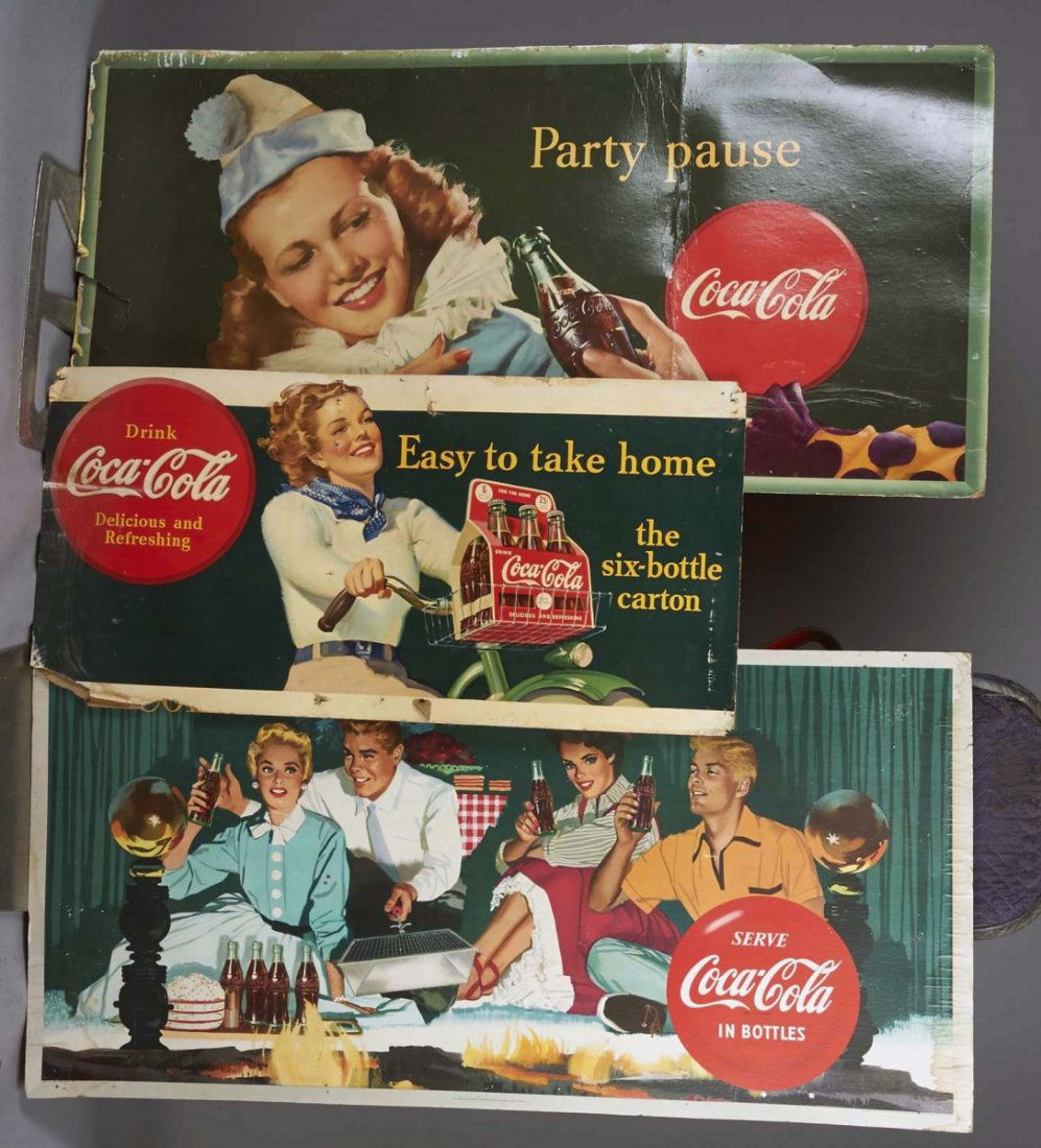 Lot Of 3: Coca Cola Cardboard Litho Ad Signs: Including 1 - "Party Pause" slogan 1947 sign of a girl in a clown costume, 1 - Double-sided 1954 "Coke Time / Join the Friendly Circle" party theme sign, and 1 - "Easy to Take Home" slogan sign of a w