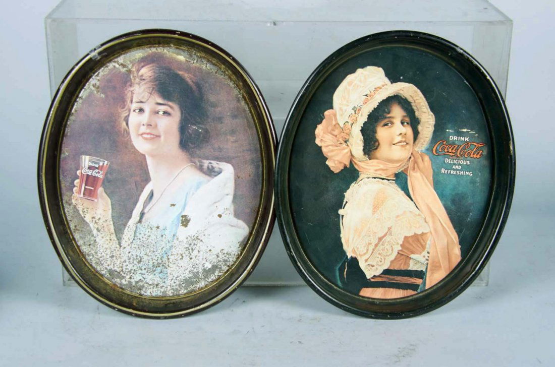 Lot of 4: Coca-Cola & Beer Tin Serving Trays: Lot includes: two "Drink Coca Cola" tin serving trays featuring Victorian ladies measuring 12-1/2" x 15", one Olympia Beer with a Victorian lady, and one Hamm's "Born in the Land of Sky Blue Waters" c