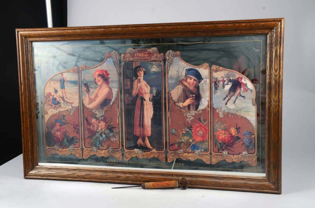 Lot of 2 Coca Cola Items: Including 1 - Ice Pick w/Wooden Handle & 1 - 1886 Centennial Edition 1986 Reverse On Mirror Litho In Wood Frame Condition Good - Excellent Size 35" x 21.5"
