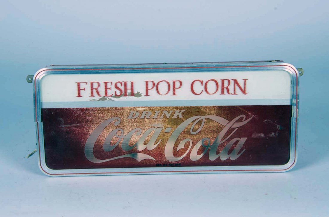Coca Cola & Fresh Pop Corn Light Up Hanging Sign: Sign shows wear on reverse of front glass and red metal light box. Has stickers for both Price Brothers Inc. and Underwriters Laboratories Inc. A916310. Condition (Fair). Size 8.5" x 4" x 21"