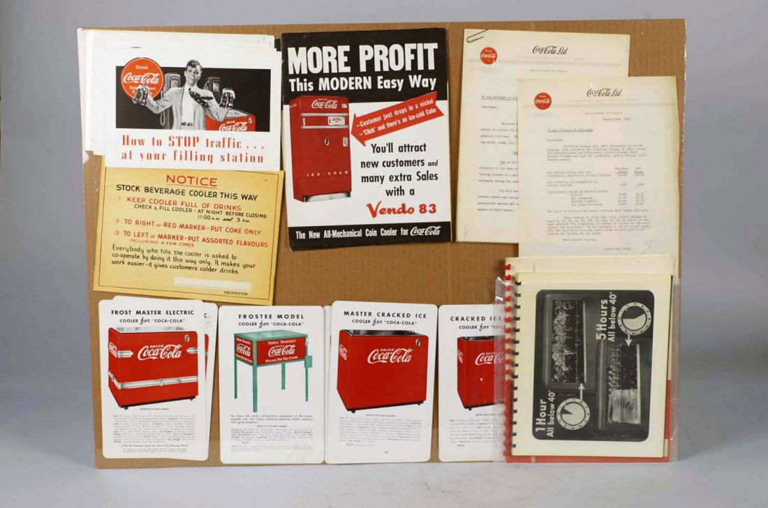 Lot Of 20: Coca Cola Ephemera Items: All from various Coke Bottling Companies including 2 - bound books on Coke cooling vending, 6 - assorted spec. cards on 1939 ice and electric coolers, 2- Letters from Coke of Canada, 2 - "More Profit