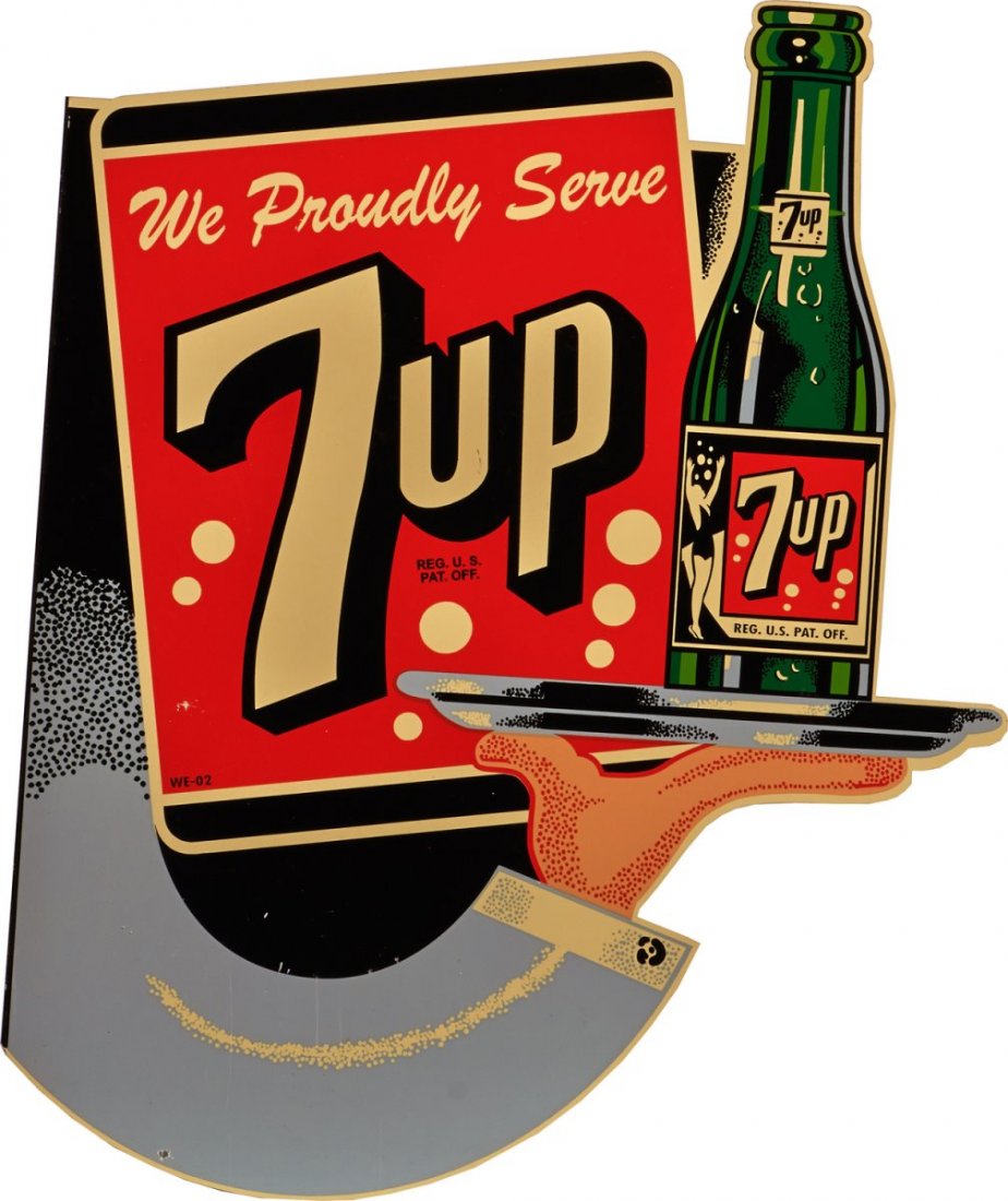 7-Up Metal Flange Sign.: Reproduction sign reads "We Proudly Serve 7-Up!". Condition (Excellent). Size 17-3/8" x 15-1/4".