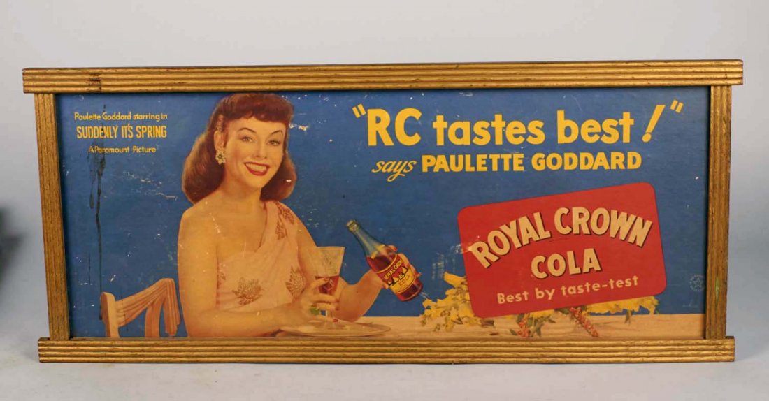 Lot Of 3: Royal Crown Cola Advertising Signs: All in frames including 1- Paulette Goddard 1947 Suddenly It's Spring RC Cola cardboard litho sign, and 2 - 1949 Jeanne Crain RC Cola calendar with pad. Condition (Fair - Good). Size Largest 13" x 29"