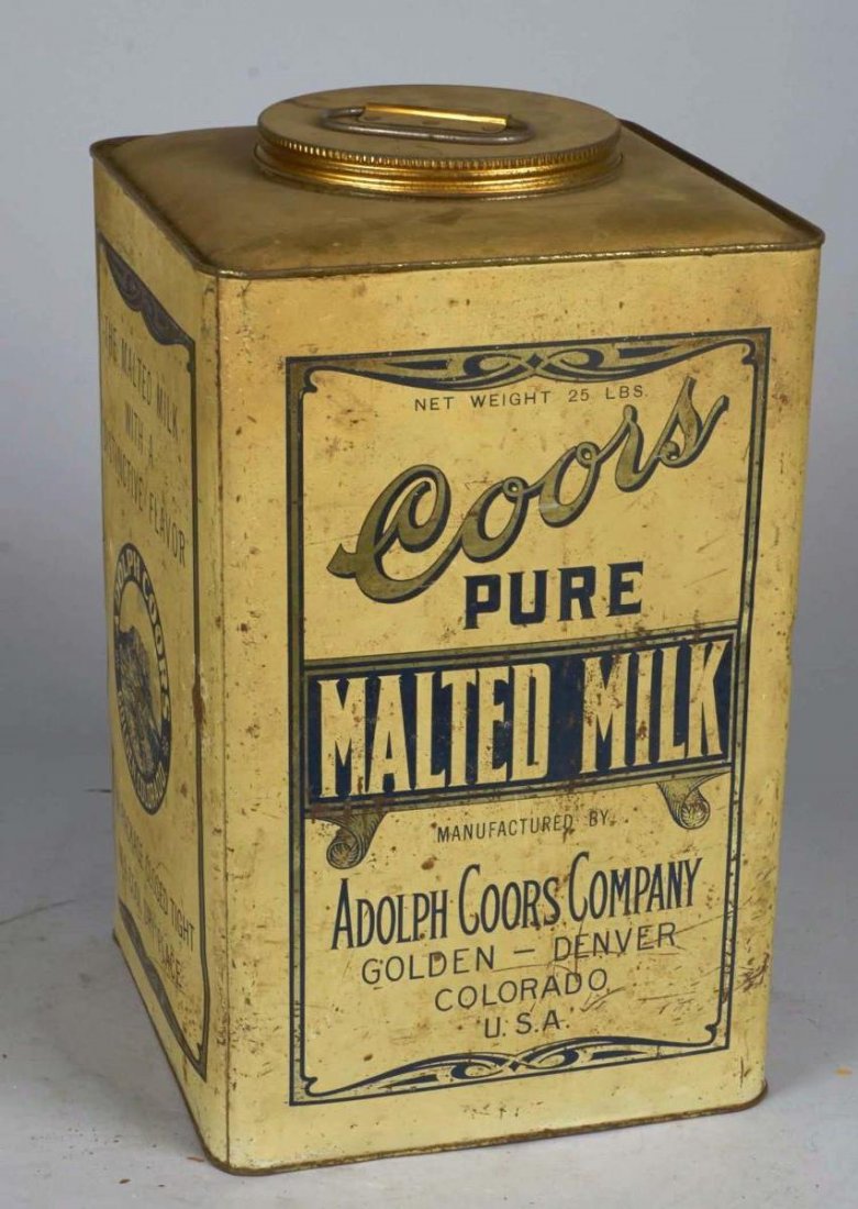 Coors Pure Malted Milk 25 lbs. Tin with Lid.: Mfg. By Adolph Coors Company Golden Denver, CO. Condition (Good). Size 15.5" x 9.5" x 9.5"