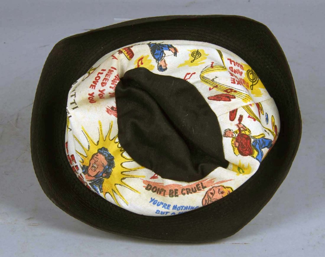 Black & White Canvas Elvis Pop Art Hat: c late 1950s, Size Small Condition Excellent Size 7" x 9.5" x 3"