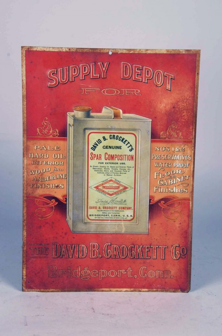 David B. Crockett’s Spar Composition Tin Ad Sign: Antique, embossed tin ad sign stating; "Supply Depot for The David B. Crockett Co. Bridgeport Conn No’s 1 & 2 Preservatives Waterproof floor and Cabinet Finishes," showing a Crockett’s Genuine Spa