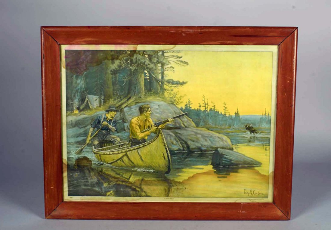 Lot Of 2 Native American & Hunting Print In Frame: Including 1- "An Even Break" print by Philip R. Goodwin featuring a pair of hunters in a bark canoe going after a moose. Copyright Brown and Bigelow and 1 - Die-cut cardboard tee-pee shaped Native Ame
