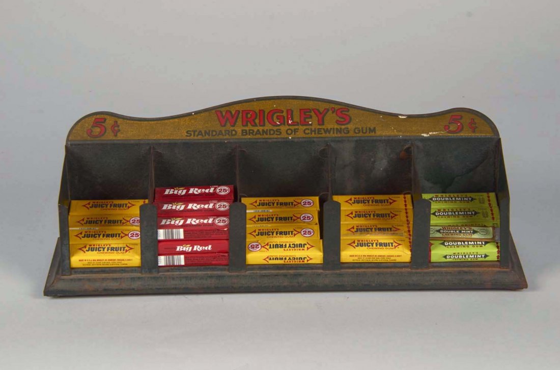 Wrigley's 5 Cent Gum Metal Countertop Display: 5 sections for small packs of gum (includes product), green with gold and red logo, has some paint crackling throughout. Condition (Good). Size 7" x 4" x 5.5"