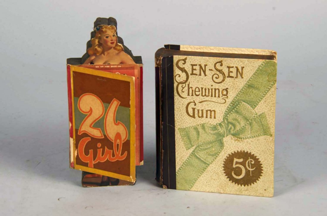 Lot Of 2: Cardboard Advertising Items: Including 1 - Sen-Sen Chewing Gum Dainty Morsels box, shaped like a book, guaranteed under the Food and Drug Act June 30, 1906, serial no. 4696 (7" x 6" x 1.5") and 1 - 26 Girls punchboard gambling ga