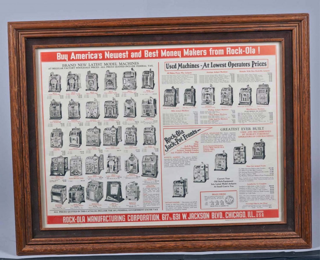 Rock-Ola Chicago Slot Machine Advertisement: Catalog print In wood frame, Reprinted for the historian by Post-Era, Rock-Ola Press 100M-5-1-33, "Buy America's Newest And Best Money Makers From Rock-Ola!", Has pictures of machines w/ prices & desc