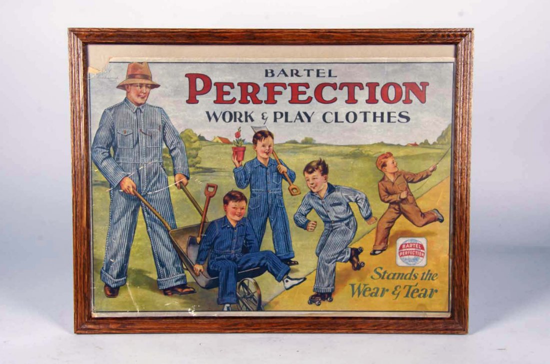 Bartel Perfections Work & Play Clothes Litho Ad: In frame, advertisement features man and 4 boys, reads "Stands the wear & tear," circa 1930s by Compton & Sons Co. St. Louis & N.Y. Only wear is a small tear out of upper left corner. Condition (Very 