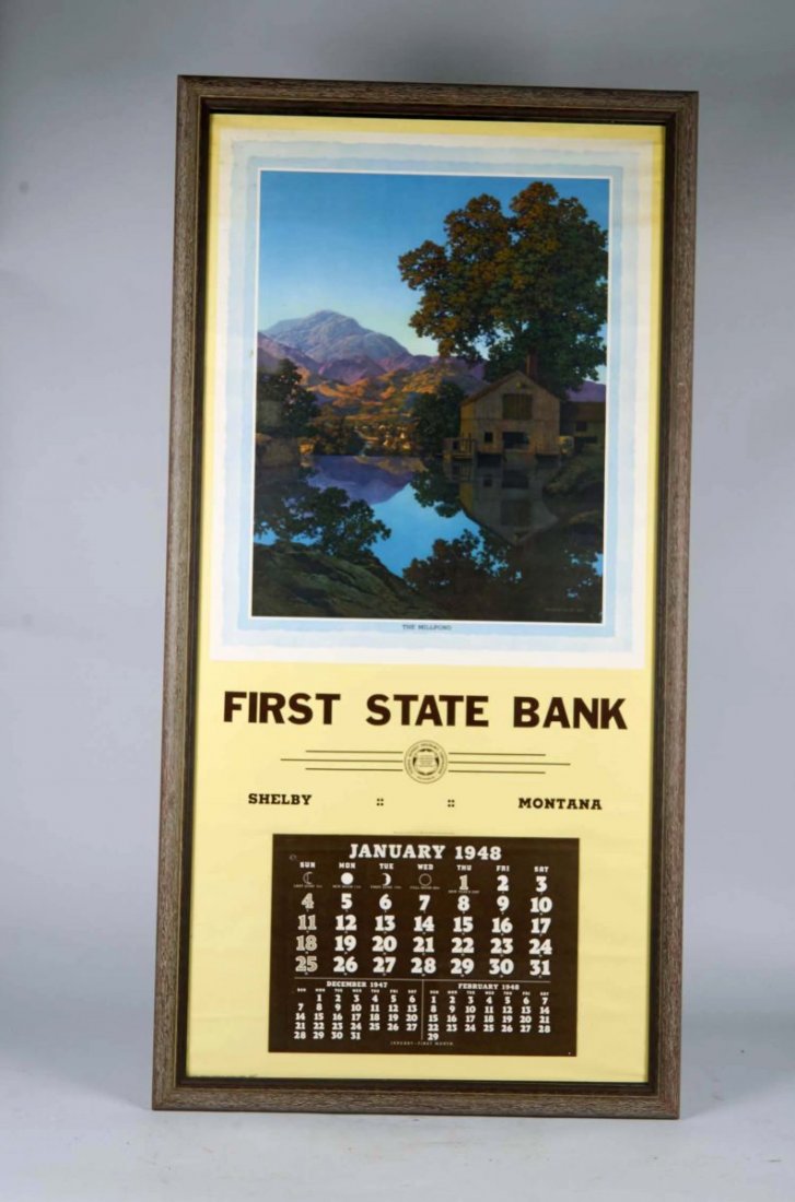 First State Bank Of Shelby Montana Ad Calendar: Matted in frame. Featuring "The Mill Pond" by Maxfield Parrish circa 1948. Condition (Excellent). Size 24-7/8" x 48-3/4"