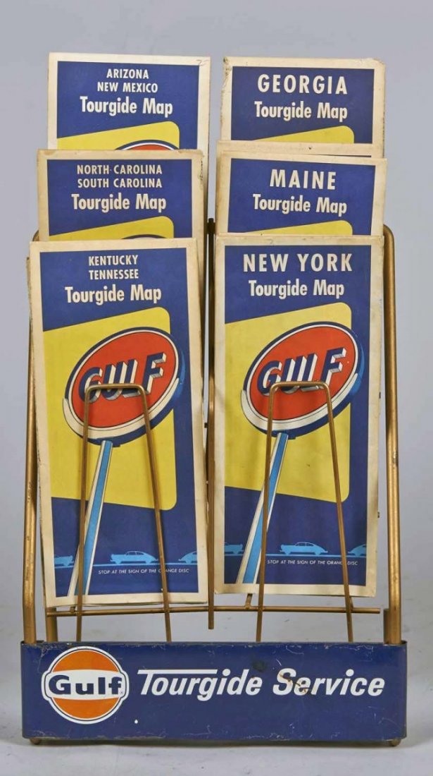 Gulf Tour Guide Service Map Display.: Includes various vintage maps including New York, Maine, Arizona & New Mexico, Kentucky & Tennessee, and others. Condition (Very Good). Size 12" x 5".